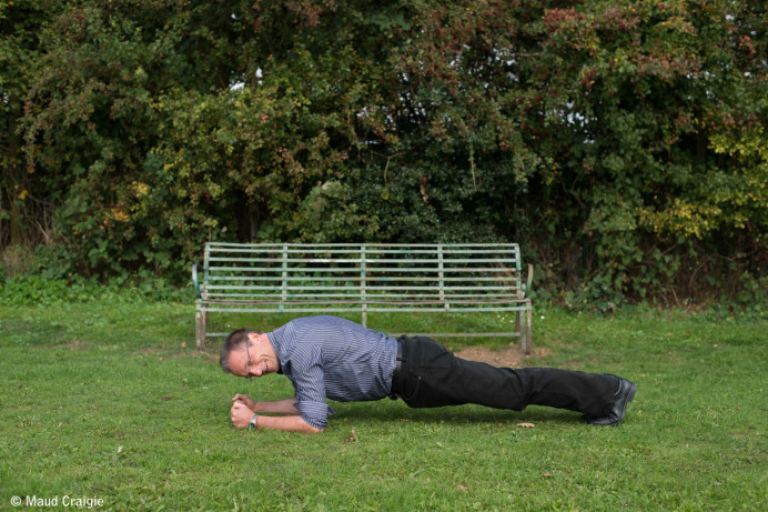 Michael does the plank in the park. Copyright Maud Craigie.